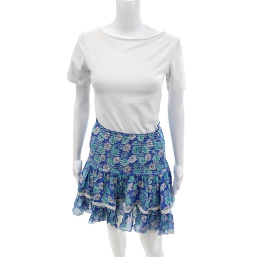 Sunday Saint Tropez Womens Smocked Waistband Floral Silk Skirt Blue One Size